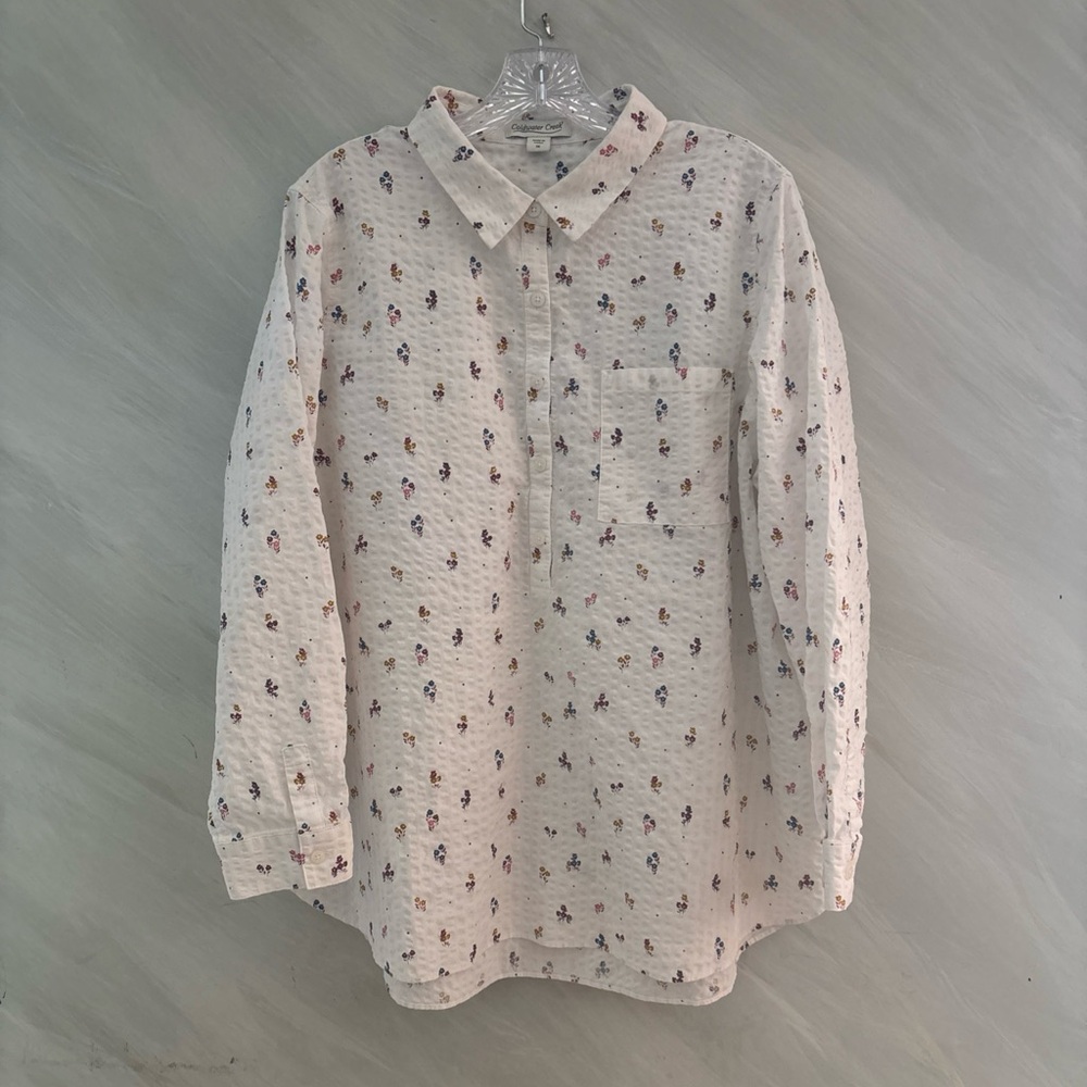 Coldwater Creek 1X White w/ Flowers I/2 Button Up Long Sleeve Blouse Grannycore